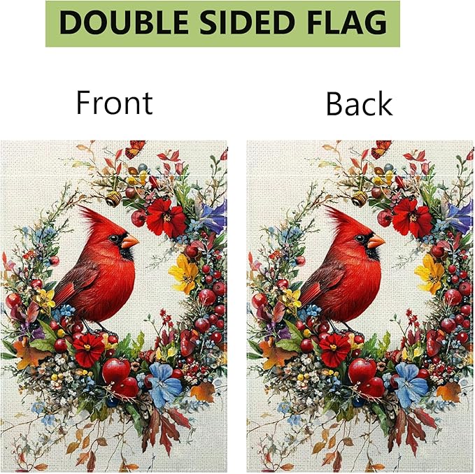 Spring Summer Cardinal Bird Garden Flag 12x18 Inch Double Sided, Floral Welcome Yard Decor, Farmhouse Outdoor Flag
