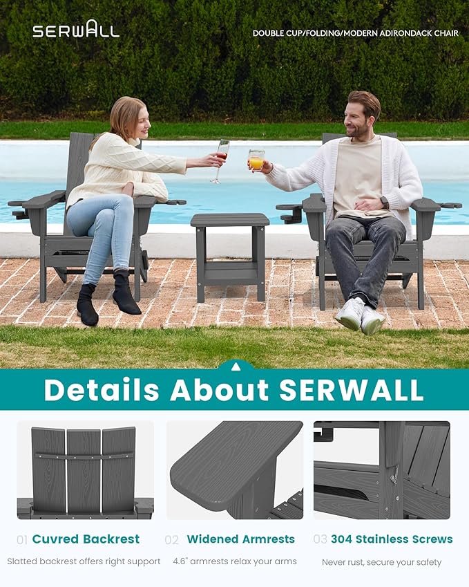 SERWALL Outdoor HDPE Adirondack Chair Set 2，Folding Adirondack Chair with Cup Holders, All Weather Resistant Modern Adirondack Chair, Gray