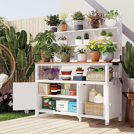 RUNNA Potting Bench with Hutch, 50.2" Solid Fir Wood Garden Workstation, Large Countertop, 2 Shelves, 2 Cabinets, 3 Side Hooks, Outdoor Planting Table for Gardening (White@080, 50.2-Inch)