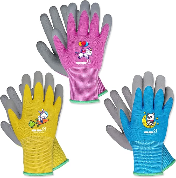 KDK Ages 3-5 Kids Gardening Gloves,Yard Work Gloves for Toddlers, Youth, Girls, Boys, Childrens, Soft Safety Rubber Glove (XXXS Age 3-5, 3 Pairs Yellow, Light Blue & Pink)