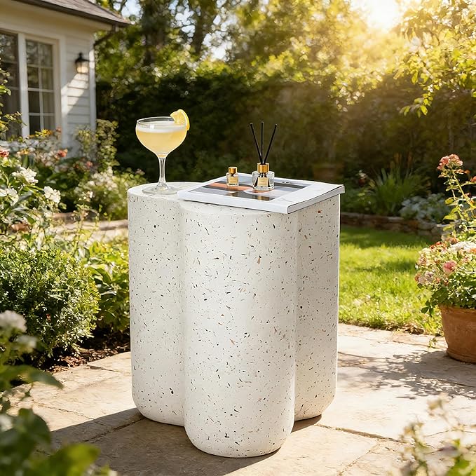 18” Side Table, Modern Outdoor Accent Table with Painted Faux Terrazzo-Look, Durable Lightweight Coffee Table Art Decor, Outside Garden Stool with Weatherproof MGO for Indoor Porch Garden