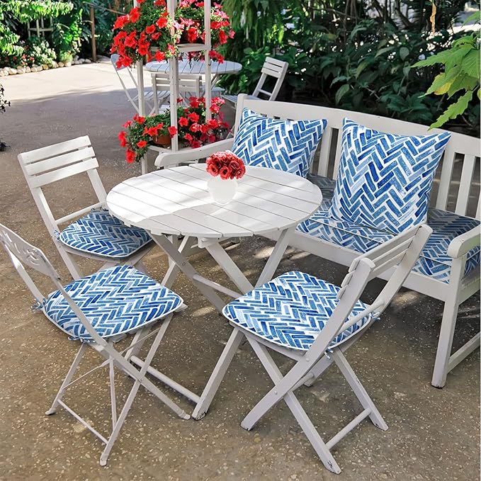 DYTXIII Set of 4 Outdoor Chair Cushions with Ties,Water Repellent Patio Chair Pads 17"x 16" for Outdoor Furniture,Round Corner Seat Cushions for Garden Yard Kitchen Blue Bricks
