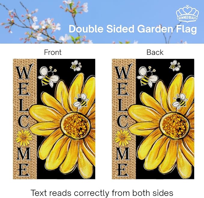 CROWNED BEAUTY Spring Summer House Flag Daisy Bee Double Sided 28x40 Inches Large Burlap Welcome Holiday Seasonal Yard Decoration for Outside Porch