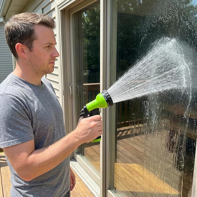 Garden Hose Nozzle Sprayer– this high heavy-duty spray nozzle offer 9 watering patterns for watering plants, lawns & gardens, washing cars, household (Green Dark)