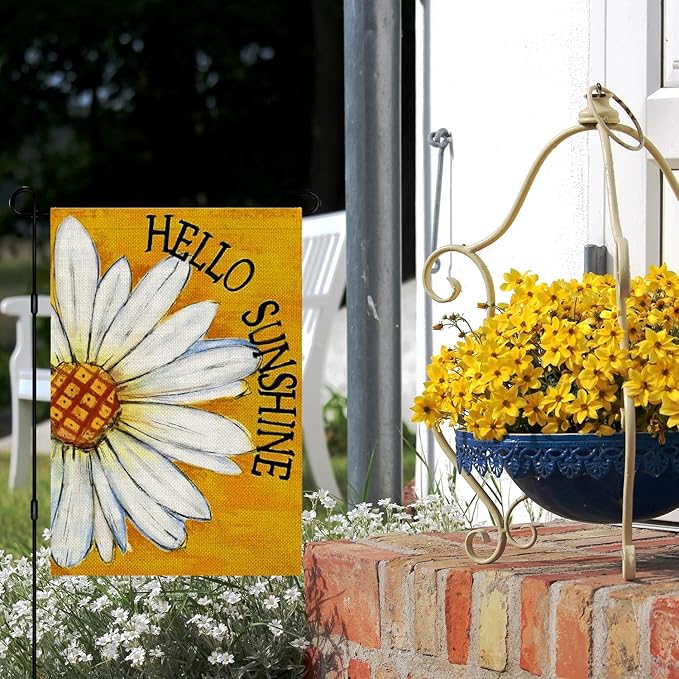 Spring Summer Garden Flags 12x18 Double Sided Outside, Hello Sunshine Daisy Floral Seasonal Decorations Vertical Burlap Yard Flag