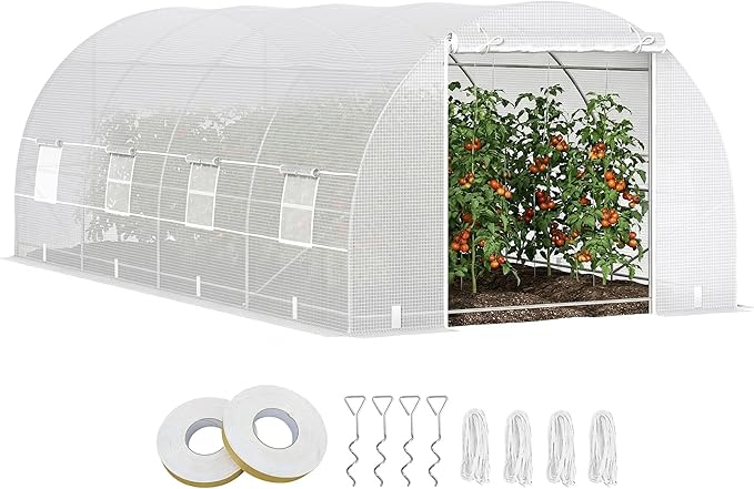 Outsunny 20' x 10' x 7' Walk-in Tunnel Greenhouse with Zippered Door & 8 Mesh Windows, Large Garden Green House Kit, Galvanized Steel Frame, White