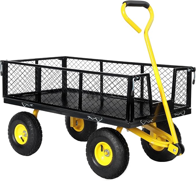 SUNNYFEEL 500 Lbs Capacity Heavy Duty Mesh Steel Garden Cart, Folding Utility Wagon with Removable Sides,10 Inch Flat Free Tires, Black & Yellow