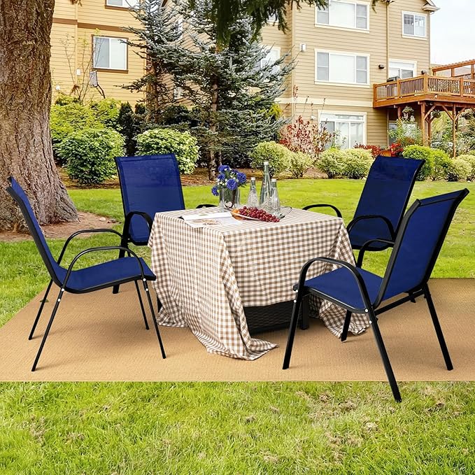 MEDIMALL Patio Chairs, Stackable Patio Chairs Set of 4, Blue Lawn Chairs with Armrest & Breathable Fabric for All Weather, Outdoor Dining Chairs for Yard, Poolside, Balcony, Garden