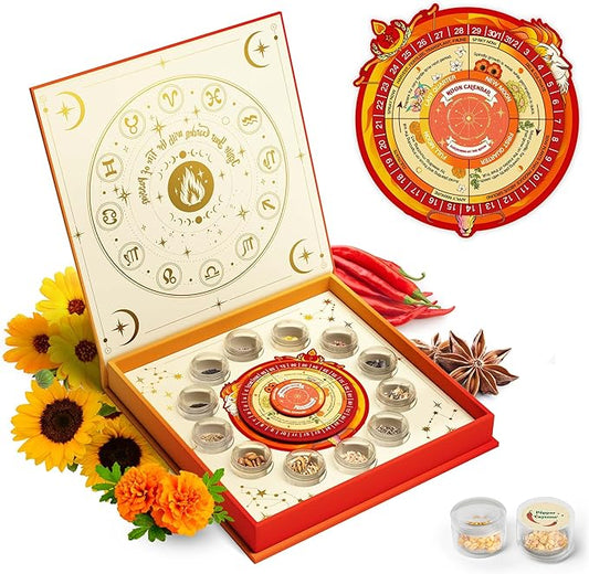 Lush&Dew Gardening Gifts for Women Men, Zodiac Garden Seed Bank, 12 Varieties Non-GMO Heirloom Vegetables Flower Seeds, Hand Craft Storage Box with Moon Calendar for Fire Signs, USDA Zone 3-11