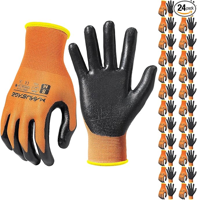 MANUSAGE Safety Work Gloves - Protective Glove for Men & Women - Ultrathin Hand Protection - For Construction, Gardening, Landscaping - Orange - Size M - 24 Pairs