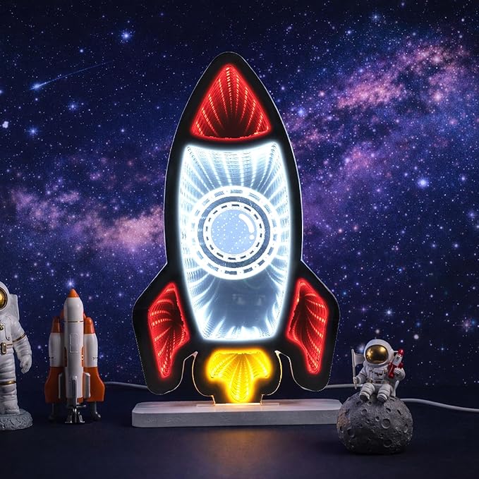 3D Rocket Infinity Mirror Light, LED Infinity Mirror Night Light with Galaxy Space Tunnel Effect, USB Powered 3D LED Lights for Kids Bedroom & Gaming Setup,Gift for Boys Girls, 5.9"×10.9"