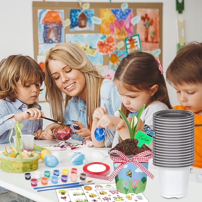 Garden Plastic Pot Craft Kit 50 Nursery Pots with 32 Stickers 50 Plant Labels 4 Painting Tools and 1 Ribbon for Mother's Day Flower Plant Spring Graduation DIY Crafts Painting Gardening Growing Tools