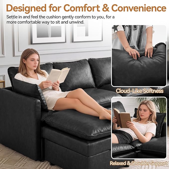 80" Storage Modular U-Shape Sofa Faux Leather with 2 Ottomans,Black