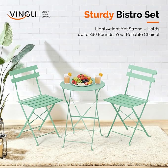 VINGLI Outdoor Folding Bistro Table and Chairs Set of 2, 3-Piece Bistro Set with Premium Steel Frame for Patio, Balcony, Garden, Porch, Yard, Green
