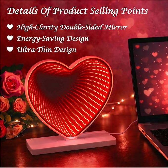 Heart Sign Infinity Light, 3D LED Infinity Mirror Night Light, USB-Powered, Romantic Decor for Bedroom, Living Room, Womens’s Day Gift, Birthday Day Gift, Mother's Day, 7.9×7.9 Inches