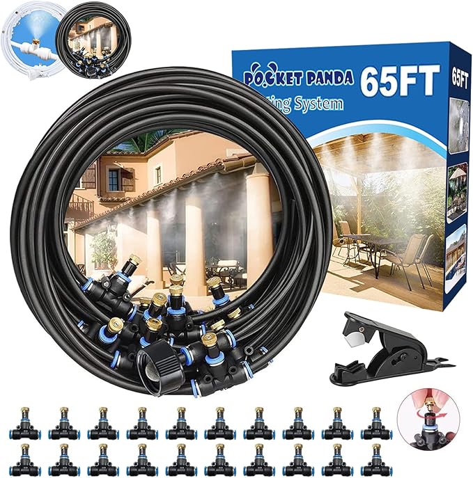 POCKET PANDA Multi-Area Outdoor Misters 65FT, Misting System Cooling Multiple Areas at Once, Water Mist Hose for Outside Patio, Backyard, Garden, Umbrella, Pool, Trampoline, BBQ, Kids & Pets Play Zone