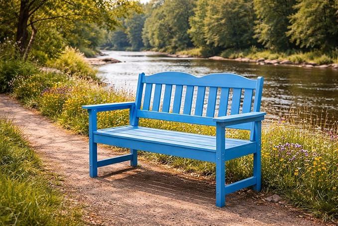 GarveeLife 2-Person Poly Lumber Garden Bench, Slatted Patio Loveseat, Weather-Resistant Outdoor Seating for Yard, Garden, Porch, Park or Backyard, Blue