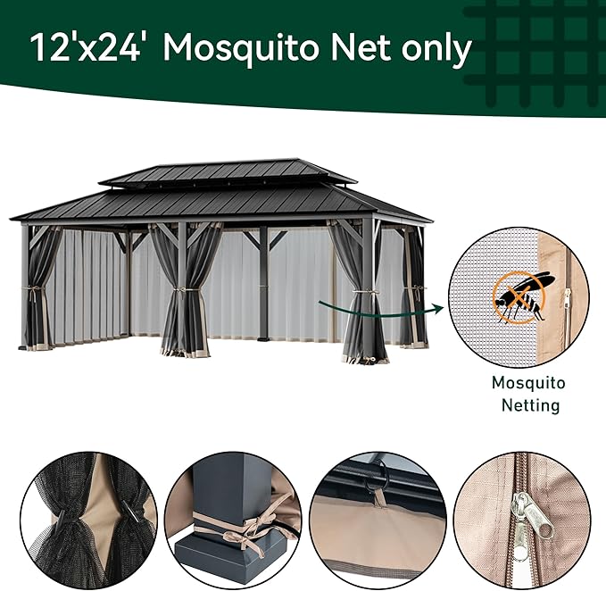 Covered Outdoor Gazebo Mosquito Netting Replacement Universal 6-Panel Sidewalls 12' x 24', Outdoor Gazebo Mosquito Nettings with Double Zipper, Replacement for Patio Canopy, Garden (Mosquito Net Only)