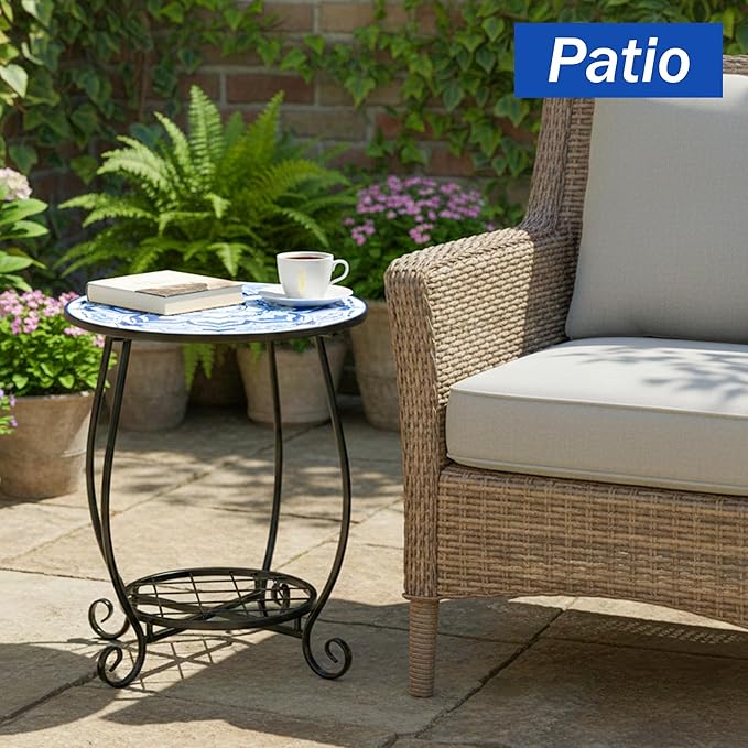 Mosaic Outdoor Side Table - Round Flower Patio Accent with Plant Stand, 14" Coffee Tea Metal Outside End Table for Yard Patio Porch Balcony Garden Indoor Living Room Bedroom Decor