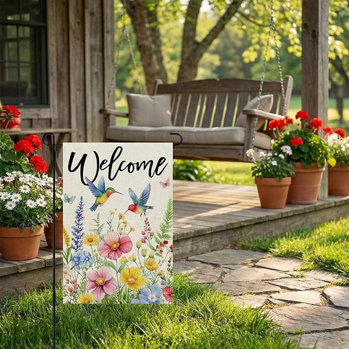 CROWNED BEAUTY Spring Garden Flag Floral Hummingbirds 12x18 Inch Double Sided Small Seasonal Holiday Decoration for Outdoor Lawn Yard