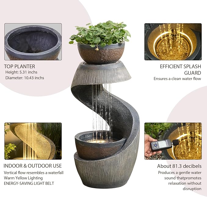 Sunlinua 31.9" S-Shaped Water Outdoor Fountain–Modern Cascading Waterfall Feature with LED Lights & Planter Bowl, Garden Fountains Outdoor for Patio, Balcony, Yard or Home Decor, Resin Waterfall