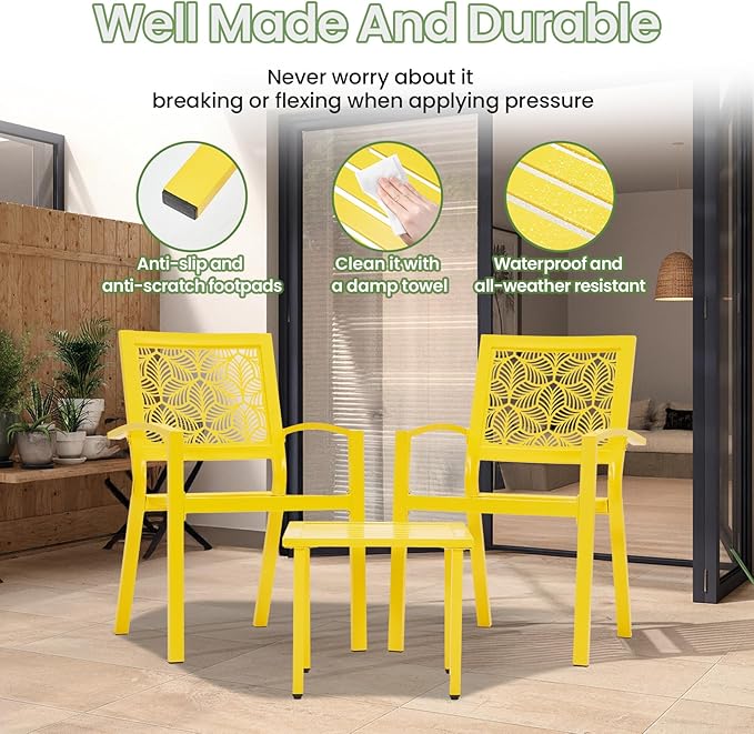 BUPPLEE 3 Piece Patio Bistro Set, Outdoor Steel Furniture Set, Stackable Modern Conversation Sets for Balcony Garden Deck Patio w/2 Chairs 1 Table, Yellow