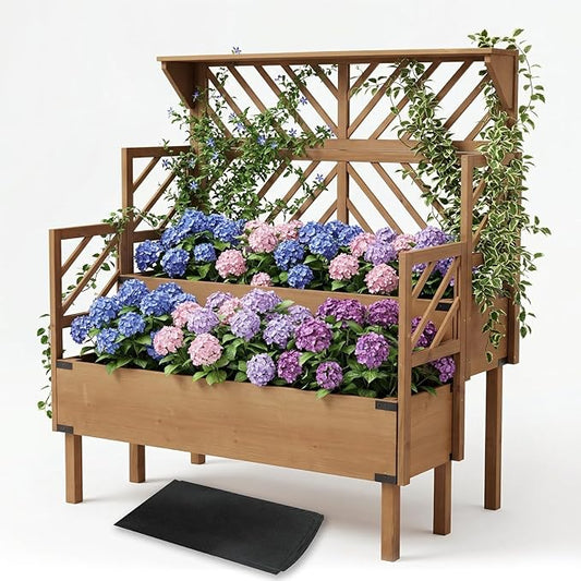 ketive 2 Tier Raised Garden Bed with Trellis & Top Shelf, Elevated Wooden Planter Box for Vegetables Flowers Herbs, Outdoor Vertical Gardening Planter for Backyard Patio Balcony