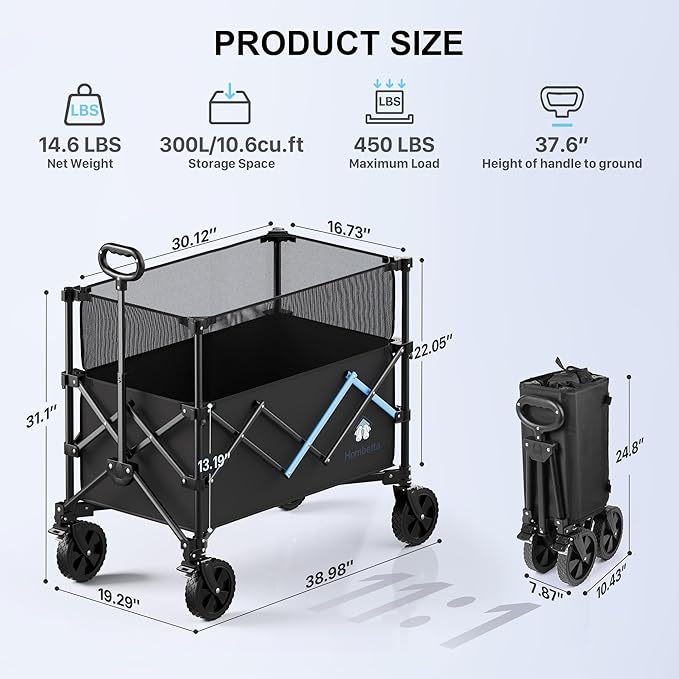 Homebetta Collapsible Wagon Cart, 450LBS Heavy Duty Collapsible Wagon with Brake, All-Terrain Wheels, Removable Fabric Cover, Adjustable Capacity 150L–300L for Garden, Moving, Glamping, Beach, Gift