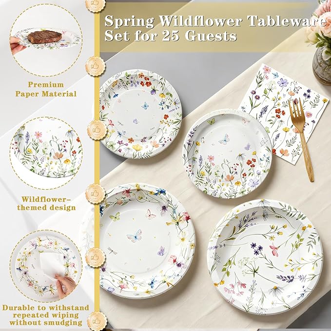 100Pcs Wildflower Plates and Napkins Party Supplies, Floral Paper Plates Wildflower Baby Shower Decorations Flower Party Plates Set for Spring Birthday Bridal Shower Tea Garden Party Decor, Serves 25