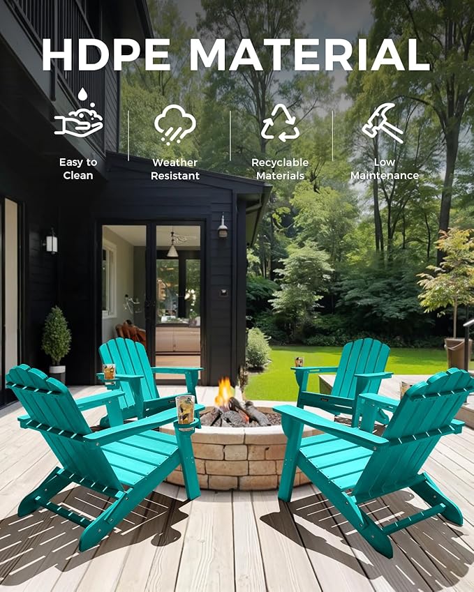 Adirondack Chairs Set of 6, Fire Pit Chairs, Wood Texture Patio Chairs with 2 Cup Holder, Outdoor Lawn Chair, Lakeblue
