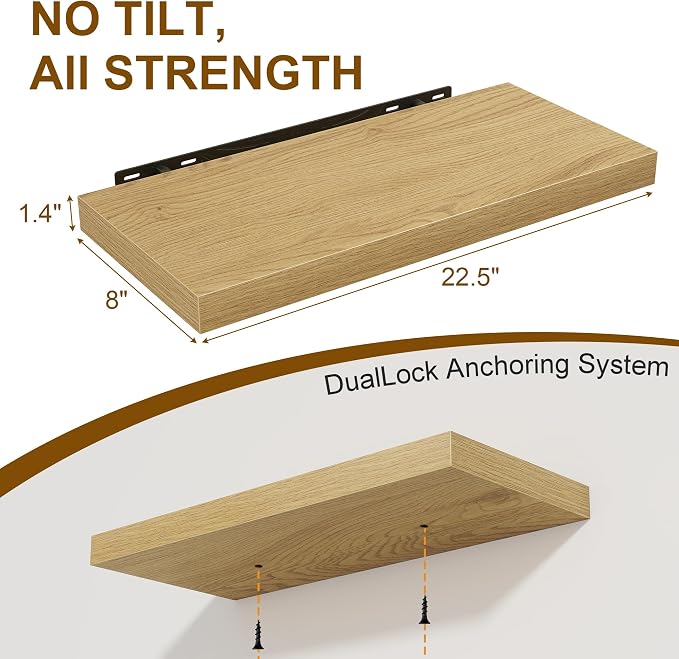 Floating Shelves for Wall, 22.5"W x 8"D Wall Shelf, Rustic Wood Floating Shelf 22.5 Inch Long, Bathroom Shelves Set of 2, 8 Inch Deep Floating Shelves for Living Room, Bedroom, Kitchen, Oak Color