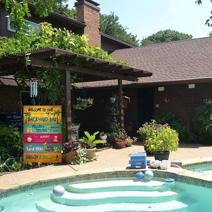 Snycler Welcome To Our Backyard Garden Flag, Swimming Pool Decor Classic Garden Signs Gift For Summer Vibes, Friends Party Decorative Signs For Yard (Backyard Bar) 12 x 18 Inch