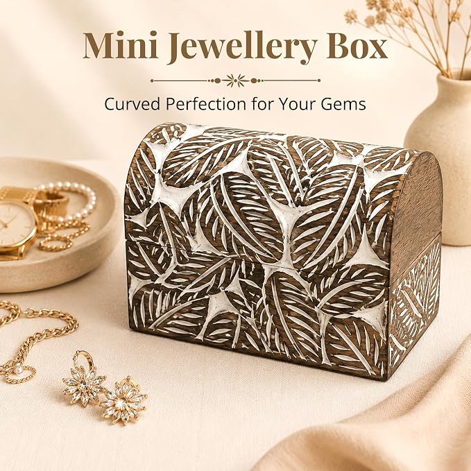 Premium Wooden Semicircular Curved Floral Jewellery Box Designer Trinket Box Ladies Jewellery Storage Case Antique Look Traditionally Handcrafted Home Decor (Leaf)