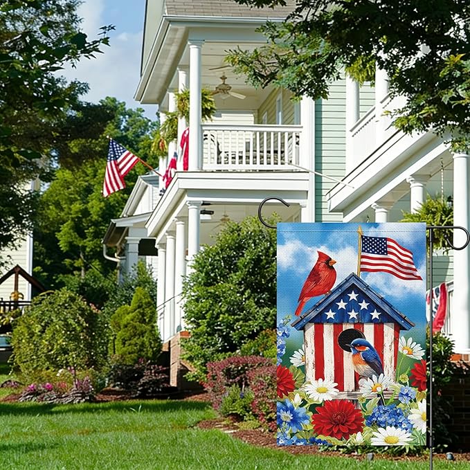 Patriotic 4th of July Garden Flag 12×18 Inch Double Sided Outside, Cardinal Birdhouse Flower Memorial Day Independence Day Burlap Yard Flag Holiday Outdoor Decor