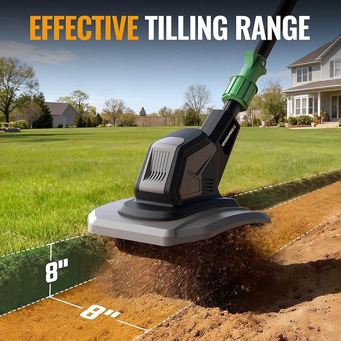 WORKPROX 20V Cordless Tiller Cultivator, 4×12 Durable Steel tines, 8-Inch Wide & Deep Garden Rototiller, 4.0Ah Battery Powered, Electric Cultivator for Soil, Lawn & Garden