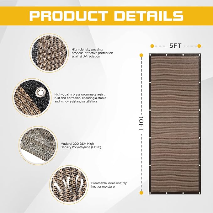 5'x 10' Pergola Shade Cover, Mocha Outdoor Sun Shade Cloth with Grommets UV Block Privacy Screen for Patio, Garden, Backyard
