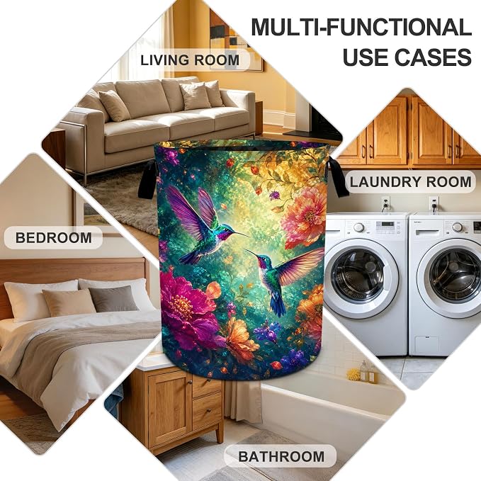 Humming Bird Laundry Basket Collapsible Oxford Laundry Hamper Clothes Storage Bin with Handles for Bedroom Bathroom Laundry Room 19.6 x 15.7 Inches