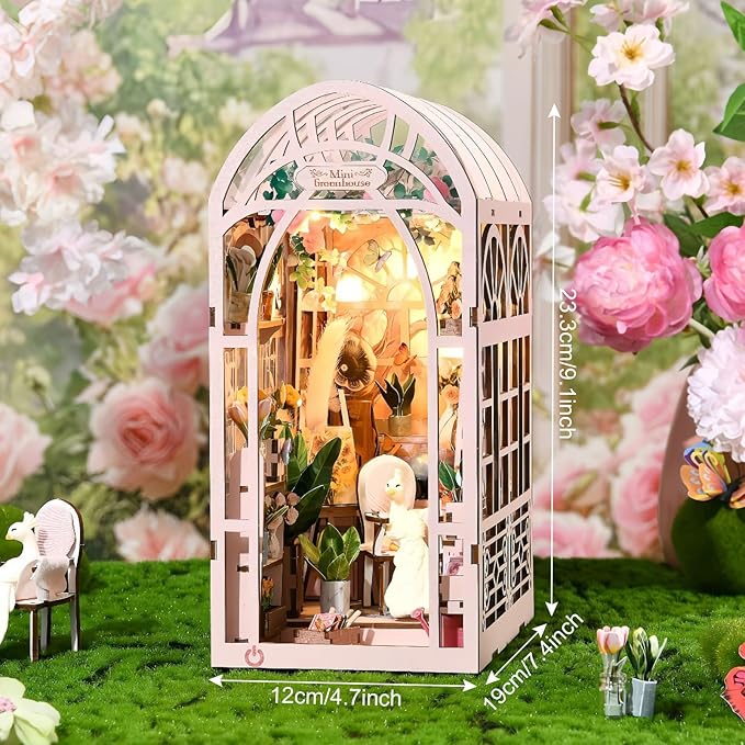 Green House Book Nook Kit - DIY Miniature Flower Room 3D Wooden Puzzle, Booknook Bookshelf Decor for Adults Teens, Creative Craft Kits Gift for Family Friends