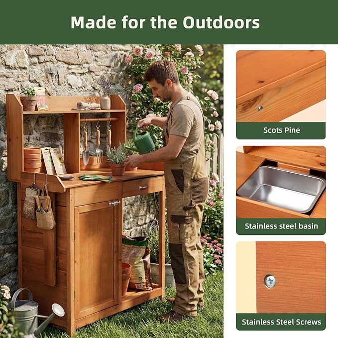 OOOK Potting Bench, Nordic Scots Pine Potting Table with Sink and Storage Shelves, Garden Bench, Workstation for Outside Patio Lawn, Wooden Garden Work Station