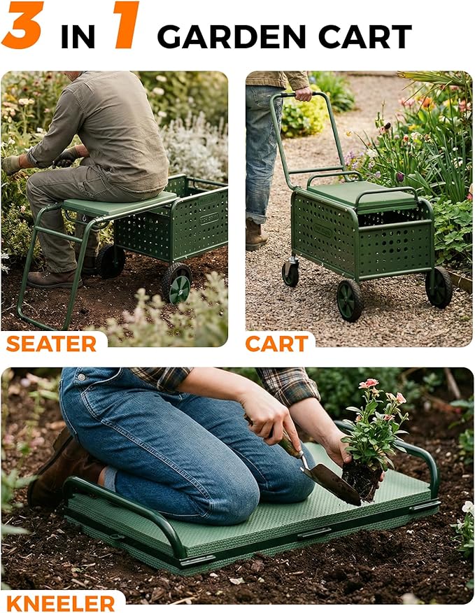 Rolling Garden Work Seat with Wheels, Upgraded Heavy Duty Cart for Seniors with Rotatable 360-Degree Wheels and Extended Handle, Garden Seat with Wheels for Lawn, Patio & Backyard Gardening, Green