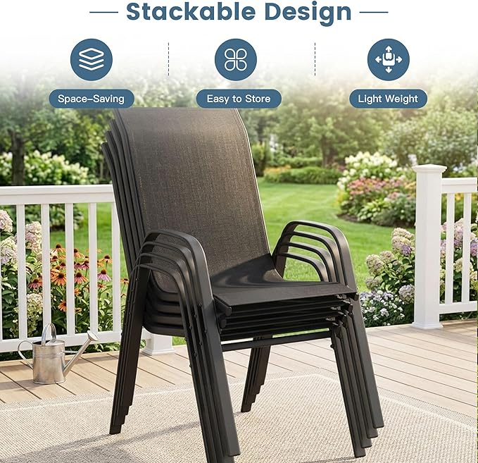 DIFY Patio Chairs Set of 8, Stackable Outdoor Dining Chairs Set with Breathable Textilene High Back and All-Weather Metal Frame for Garden, Backyard, Deck, Dark Grey