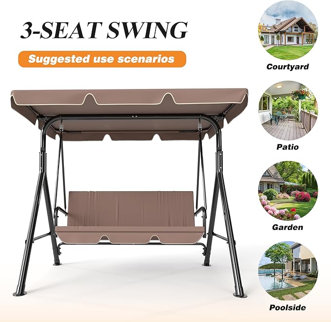 GARTOO 3-Seat Patio Swing Chair, Outdoor Porch Swing with Adjustable Canopy and Durable Steel Frame for Patio, Garden, Poolside(Brown)