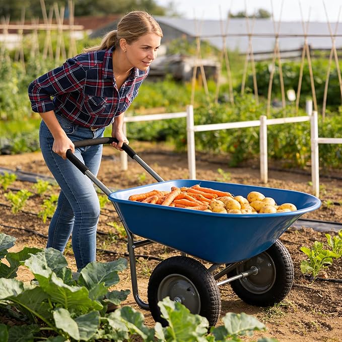 Blue Garden Wheelbarrow Two Wheeled Trolley with 15 Inch Pneumatic Wheels WB189BL Easy Maneuver