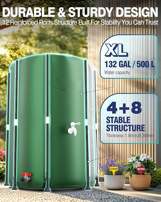 PYY Rain Water Collection Barrel 132 Gallon - Water Storage Tank with Spigots, Hose and Portable Bucket, Large Plastic Collapsible Rain Catcher Catchment System to Collect Rainwater from Gutter