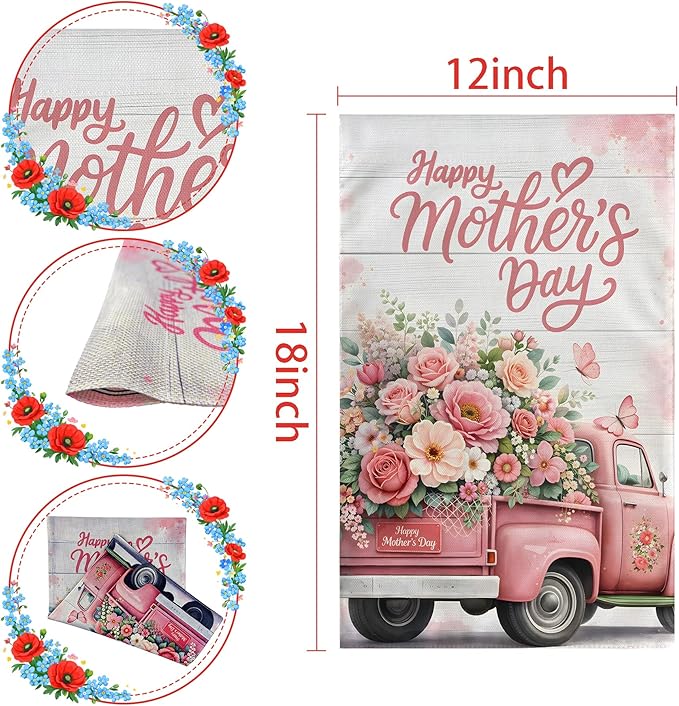 Mother's Day Decorations - Happy Mother's Day Garden Flag | Mother's Day Decor Party Favors Supplies for Outdoor Outside | Mother Day Backdrop Banner for Garden Porch Patio Lawn Yard Home