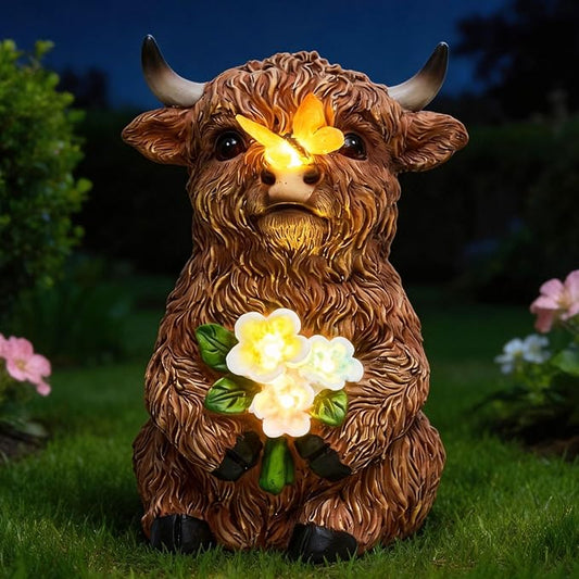 Solar Highland Cow Outdoor Statue, Garden Sculpture with Lighted Butterfly & Flowers Decor, Highland Cow Figurine for Patio Yard Lawn Ornaments for Birthday
