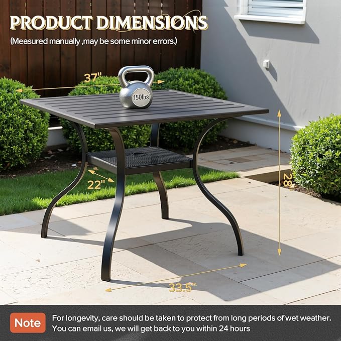 37" x 37" Patio Dining Table Outdoor Square Slated Furniture with Umbrella Hole, Metal Steel Frame(Black)