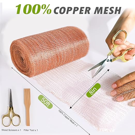 Copper Mesh Rodent Control 8" x 50 ft Copper Wool for Slugs Mice Pest Snail Bird Control Copper Wire for Weep Hole Covers Rodent Mesh