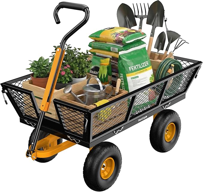 900 Lbs Heavy Duty Steel Garden Cart, Outdoor Metal Garden Wagon On Wheels, Utility Yard Cart with Mesh Removable Sides(Convert to Flatbed) and Removable Handle (to Wheel Barrow), Dark