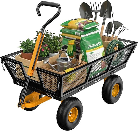 900 Lbs Heavy Duty Steel Garden Cart, Outdoor Metal Garden Wagon On Wheels, Utility Yard Cart with Mesh Removable Sides(Convert to Flatbed) and Removable Handle (to Wheel Barrow), Dark